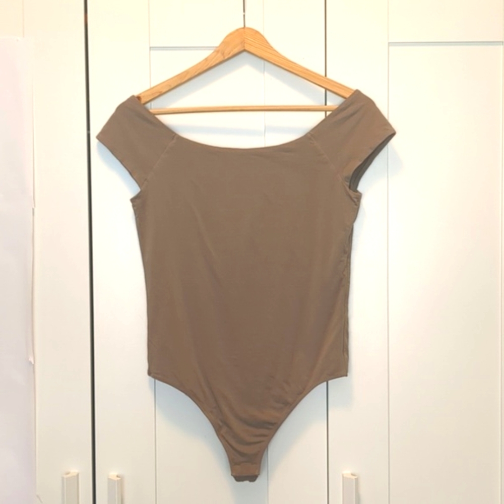 Taupe cap-sleeve bodysuit by Everlane